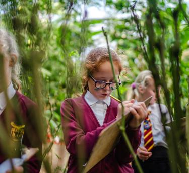 A group of school pupils walking through a biome, you can see them through the greenery and they are writing on clipboards